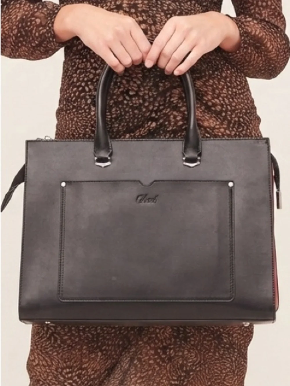 Cluci Black Vegan Leather Laptop Briefcase Shoulder Bag Tote Colorblock Gusset